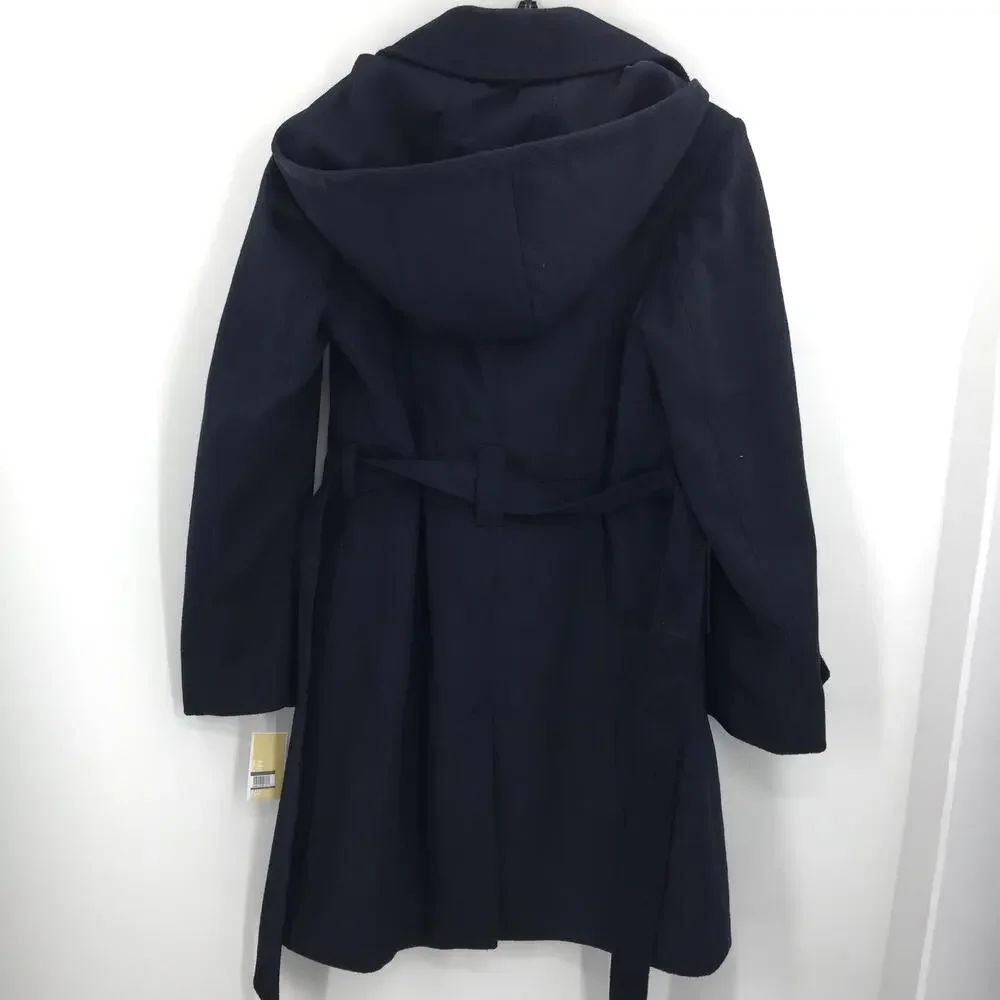Michael Kors Wool Blend Button Front Hooded Trench Coat Long Sleeve Size Medium